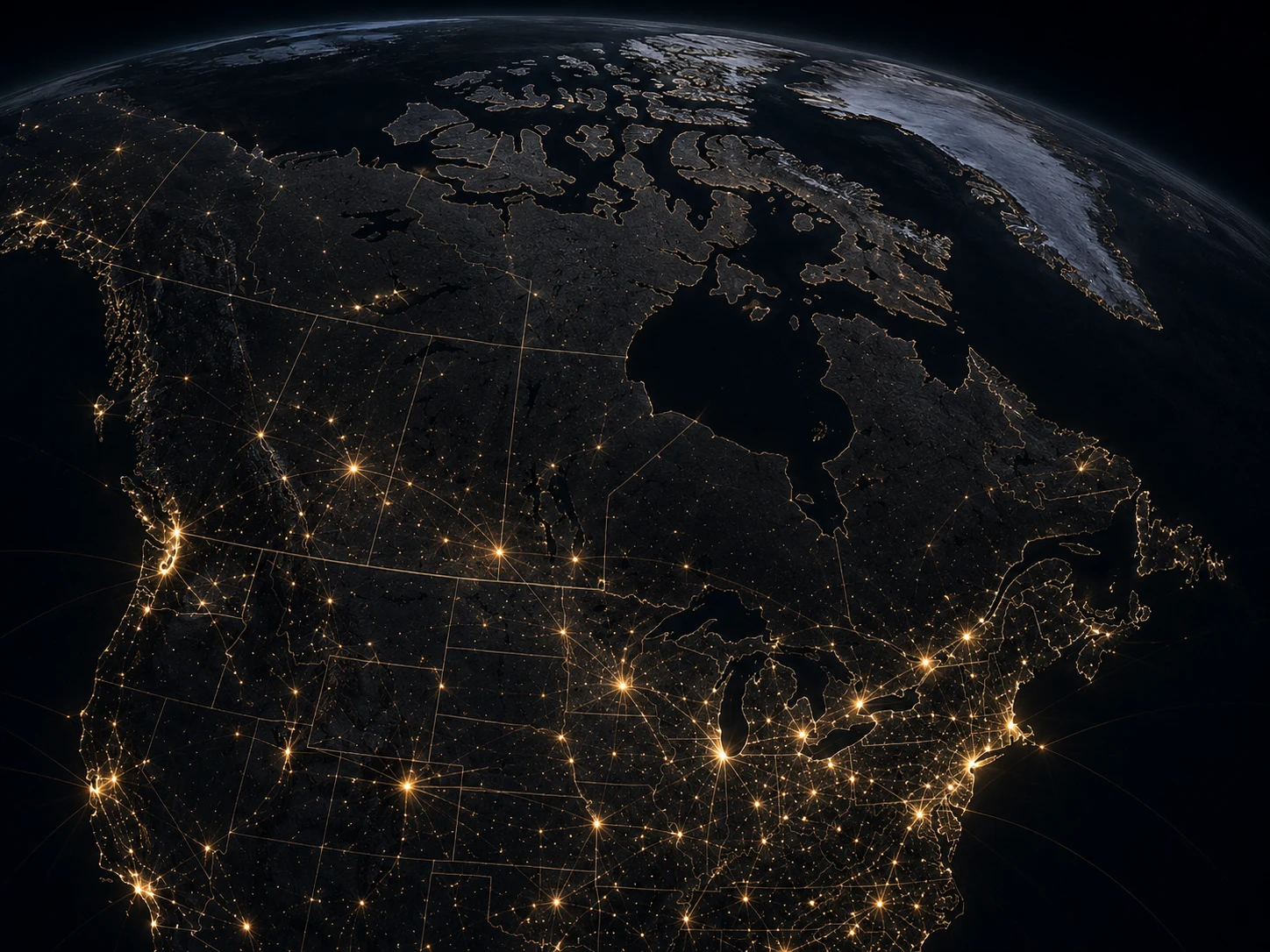 Orbital night view of Canada and the upper United States, showing illuminated program reach across North America.