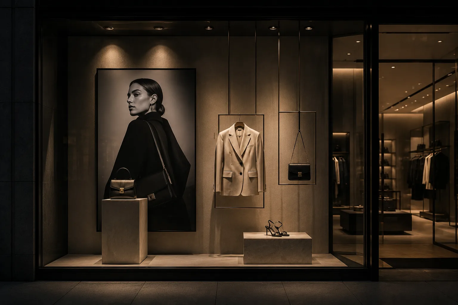 Women’s fashion window display with campaign imagery, suspended fixtures, apparel and accessories.